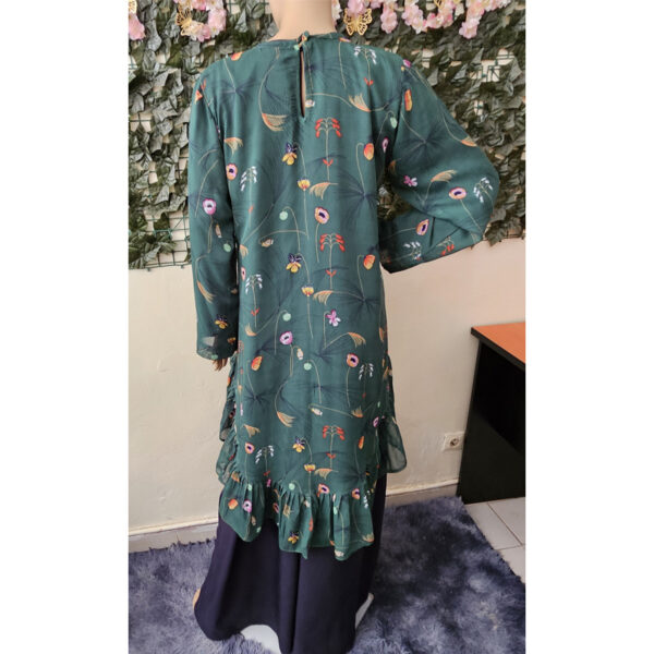 Ensemble-robes-bleu-imprimé-vert-3 Ensemble robe longue unie bleue et haut imprimé fleuri