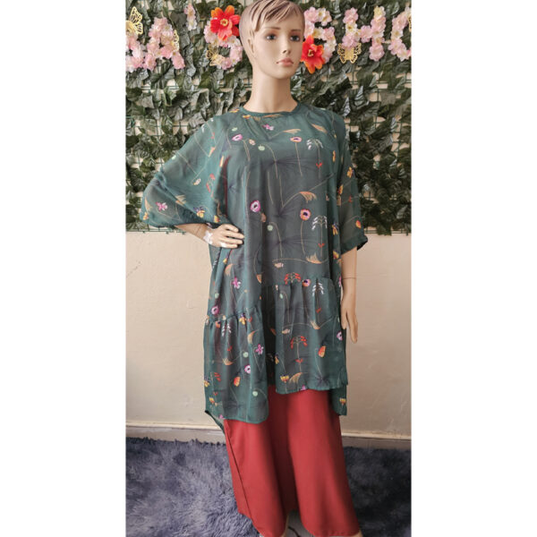 Ensemble-robes-brique-imprimé-vert-1 Ensemble robe longue unie brique et haut imprimé fleuri